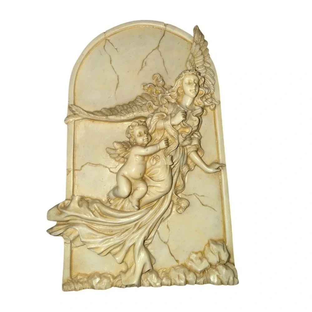 Angel & Cherub Wall Plaque Faux Marble Relief Beige Arched 8 in religious art